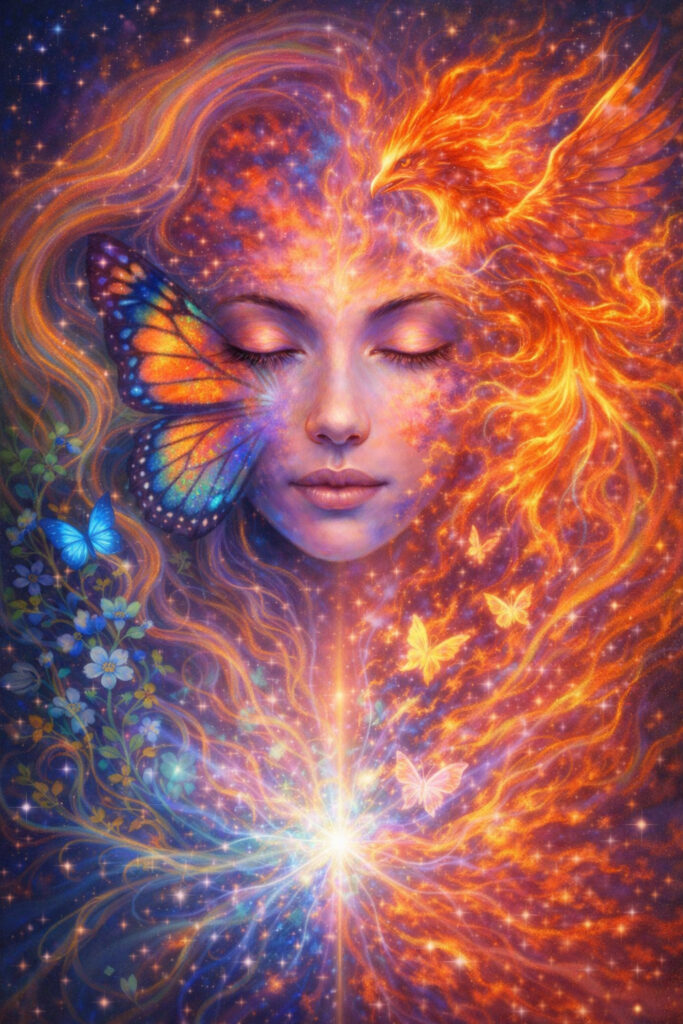 Soft, luminous illustration of inner transformation showing a serene face surrounded by gentle light, butterflies, and flowing energy, symbolizing healing, integration, and Self-led change.